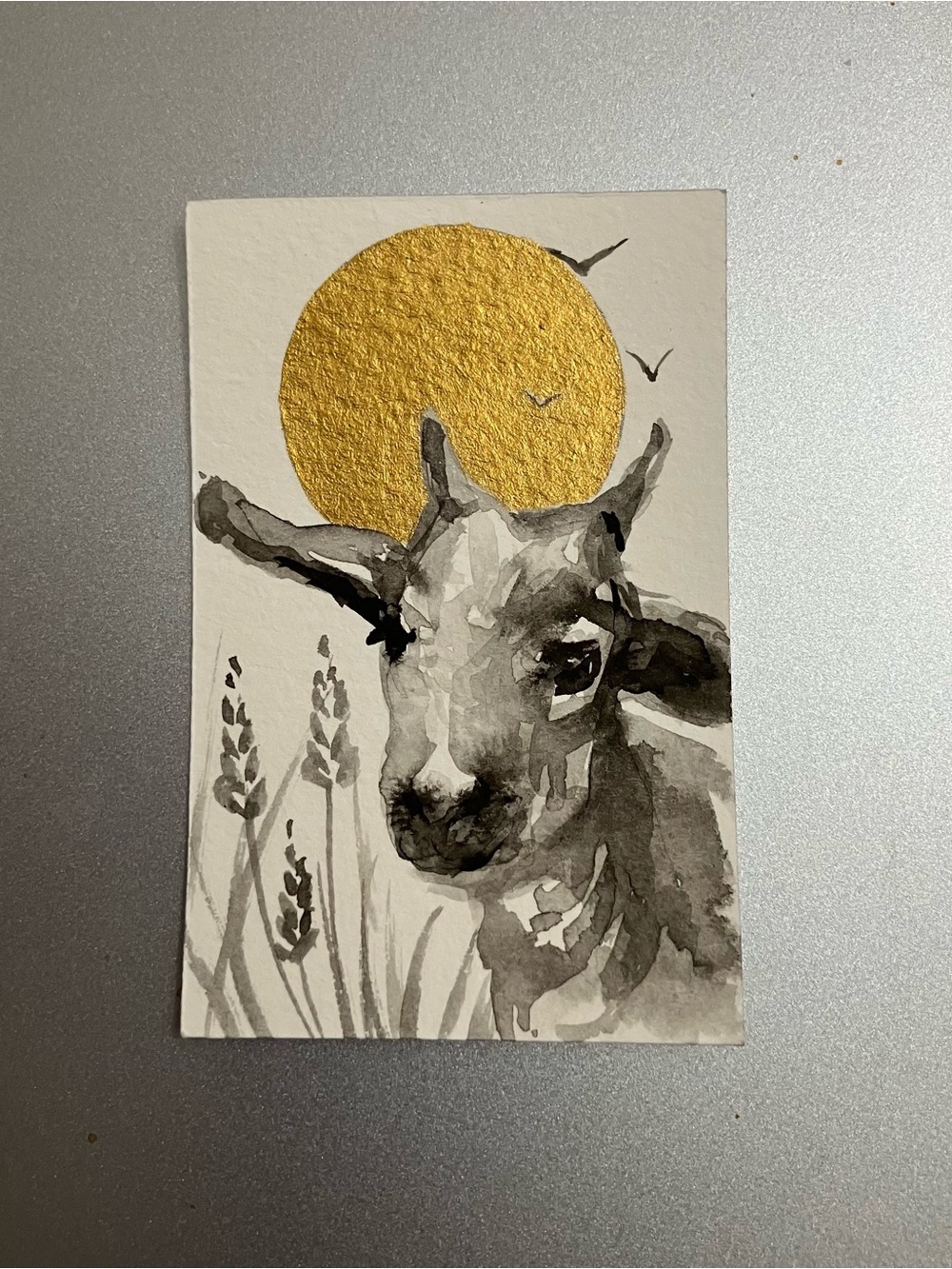 Original baby goat miniature realism painting sumi-e style art western USA